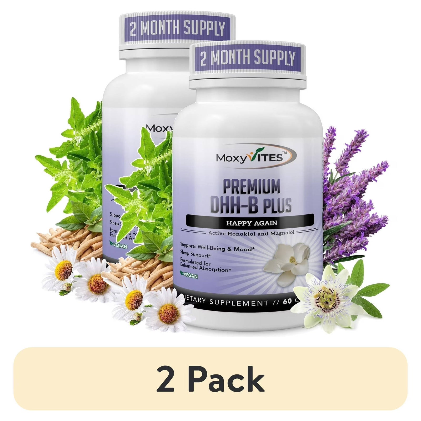 Two bottles of Moxy Vites Premium DHA-B Plus supplement with herbs and flowers on a white background