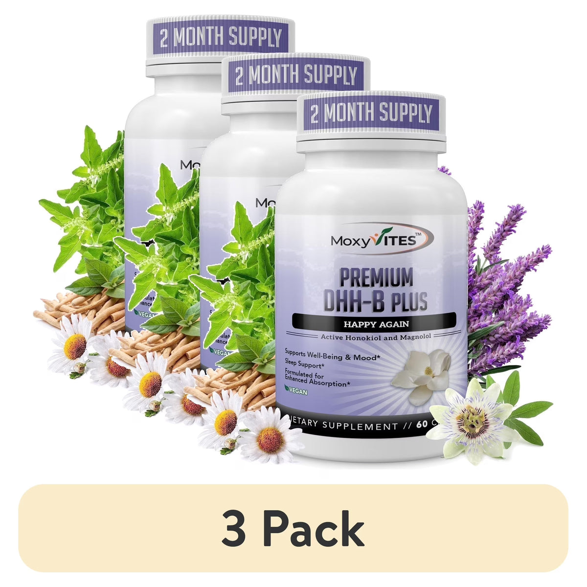 Three bottles of MoxyVites Premium DHA Plus supplement with herbs and flowers on a white background