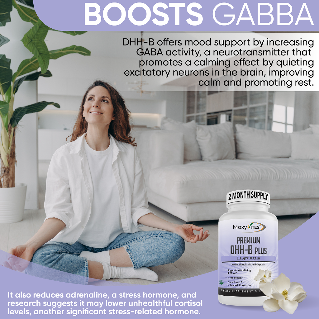 5HTP boosts GABA, offers mood support, natural cam, happy person meditating