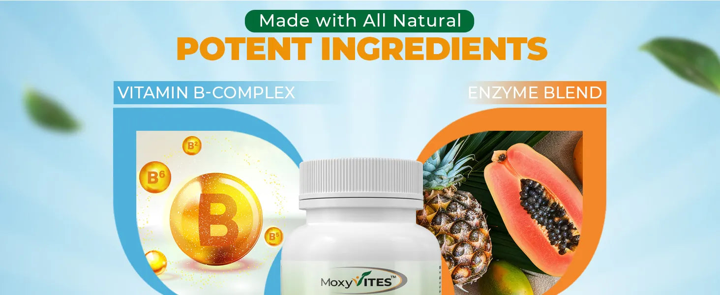 Vitamin B-complex supplement with natural ingredients on a blue background