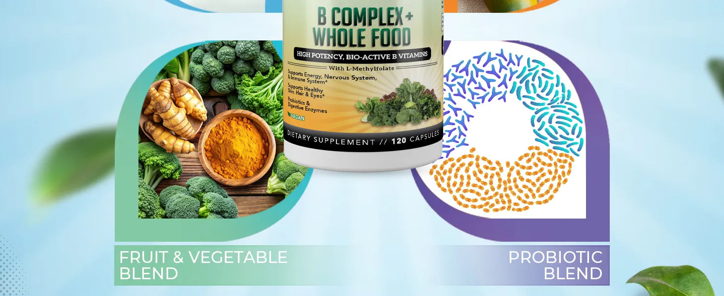 Supplement bottle labeled 'B Complex + Whole Food' with images of fruits, vegetables, and probiotic symbols on a light blue background.