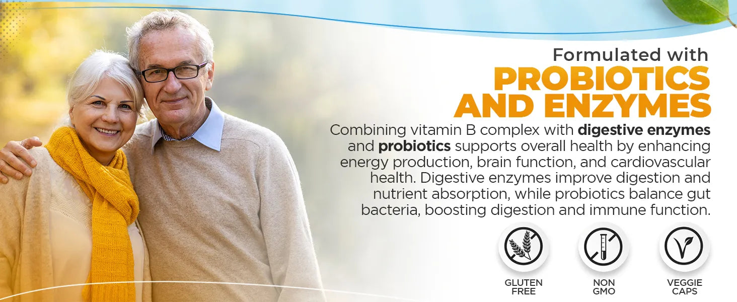 Infographic featuring an elderly couple with text about a supplement containing probiotics and enzymes.