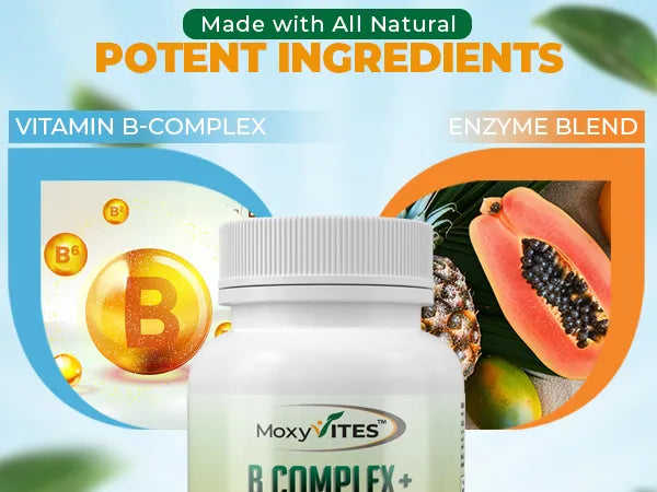 Vitamin B-complex supplement bottle with natural ingredients on a light blue background