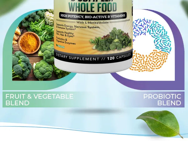 Supplement bottle labeled 'Whole Food' with images of vegetables and probiotic symbols on a light blue background.