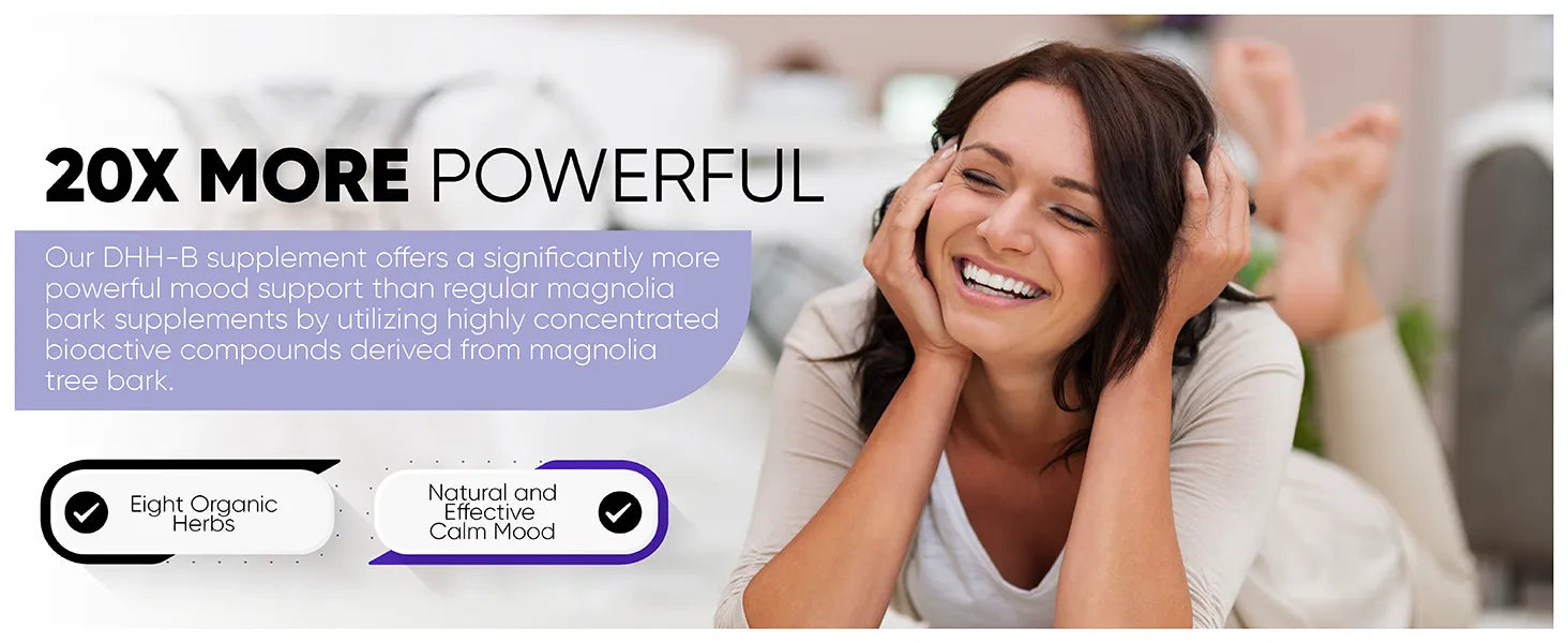 Woman lying on a couch with text about a DHH-B supplement's benefits