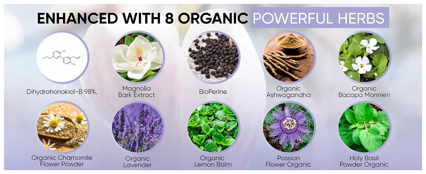 Product packaging with images of herbs and text indicating 'Enhanced with 8 Organic Powerful Herbs'.