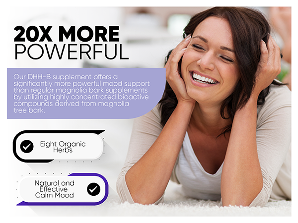 Woman lying on a white surface with text about a DHH-B supplement's powerful mood support.