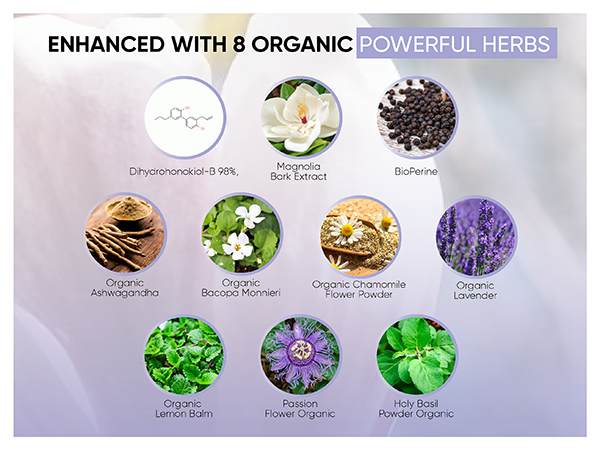 Product packaging highlighting 8 organic herbs with images and names on a light purple background.
