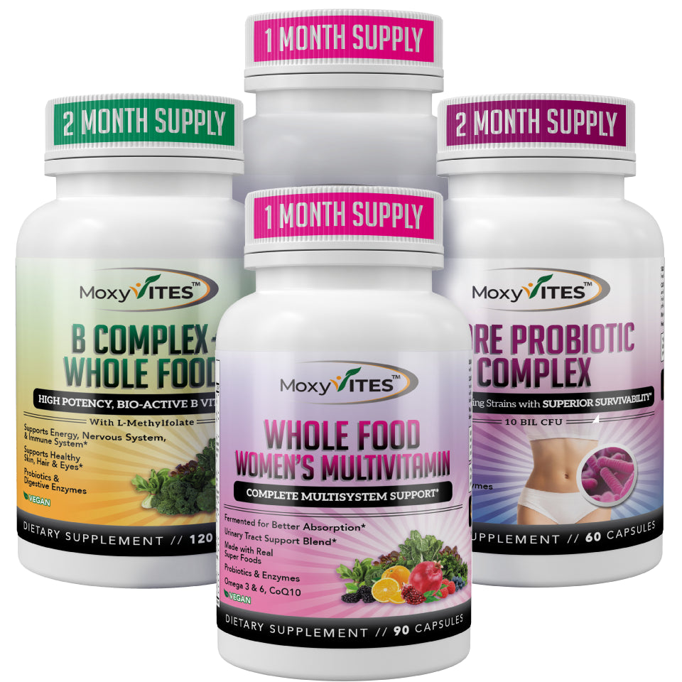 Women’s Daily Program by MoxyVites — Methylated Multivitamin, Vitamin B Complex, and Spore Probiotic Complex daily essentials for women
