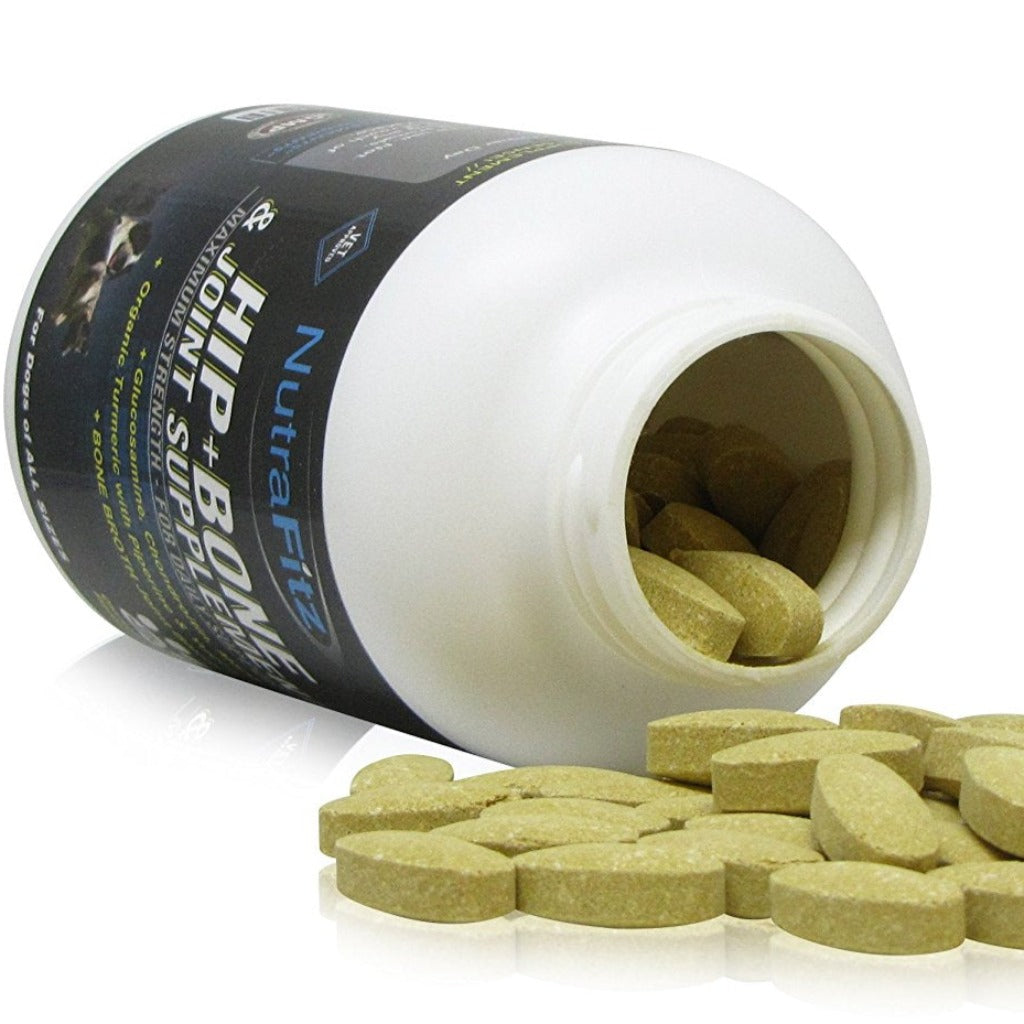 open bottle of chewable pills, Dog Joint Supplement has Bone Broth made from ground bones and marrow, high in Calcium and Minerals making this an ideal Dog Bone Supplement