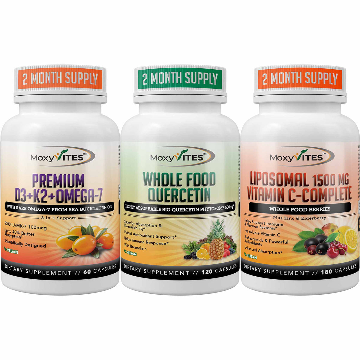 Three bottles of MoxyVites supplements on a white background