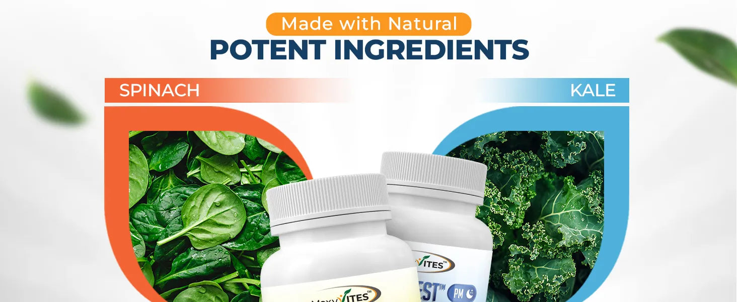 Supplement bottles with spinach and kale images and text about natural potent ingredients.