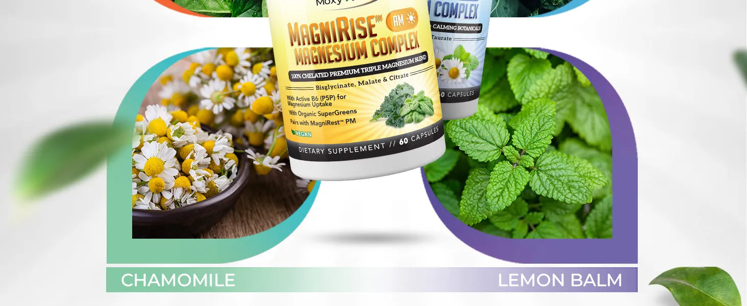 Supplement bottle labeled 'MagnaRise' with images of chamomile and lemon balm on a white background.