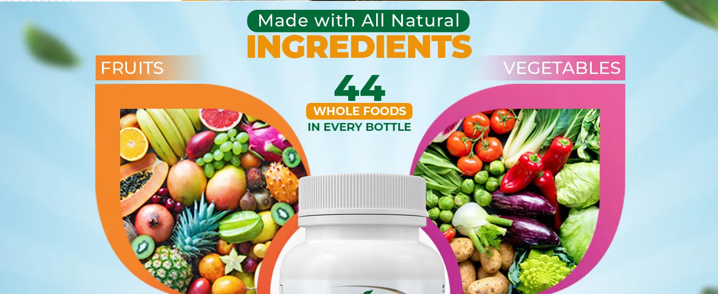 Supplement bottle with images of fruits and vegetables and text about natural ingredients.