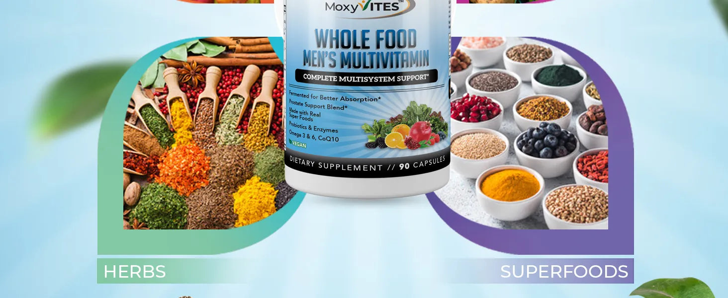 Moxy Vites Whole Food Nutrient Multivitamin supplement with images of herbs and superfoods on a light blue background.