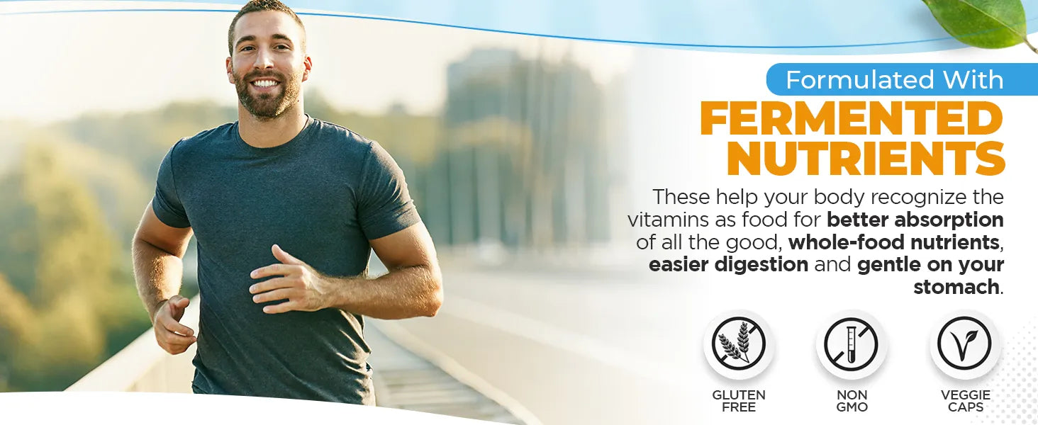 Man running outdoors with promotional text about fermented nutrients on a white background