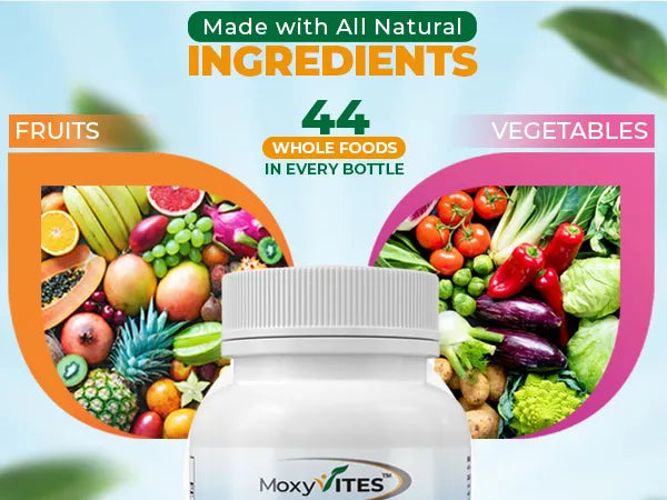 MoxyVites supplement bottle with fruits and vegetables on a blue background