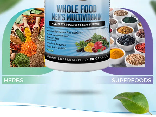 Men's multivitamin supplement bottle with images of herbs and superfoods on a light blue background