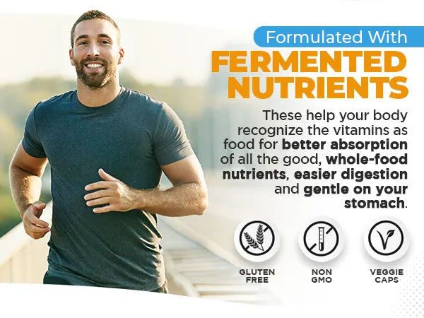 Man running outdoors with text about fermented nutrients, gluten-free, non-GMO, and veggie caps.