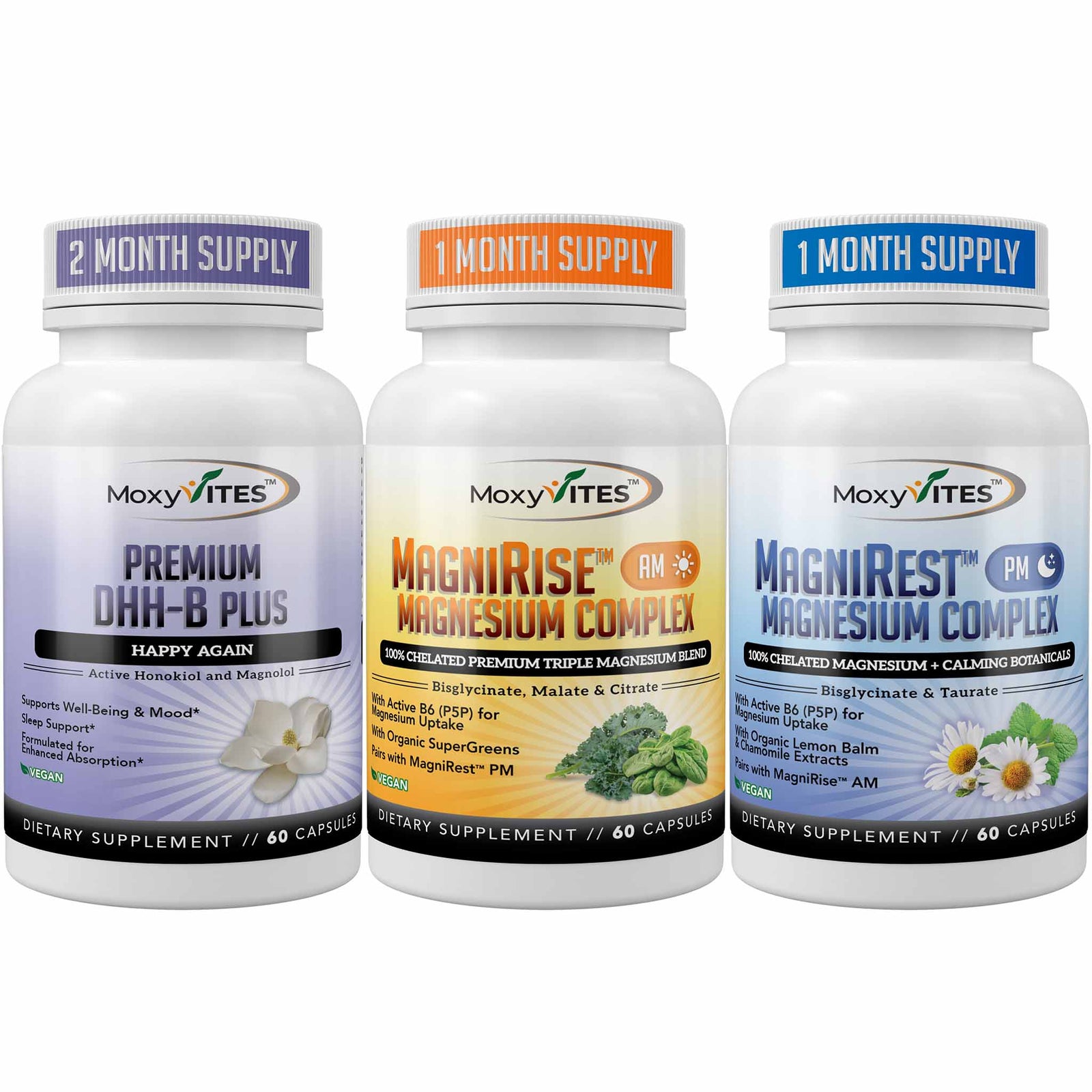 Mood Support Bundle by MoxyVites — MagniRise AM, DHH-B, and MagniRest PM for morning energy, daytime calm, and restful sleep
