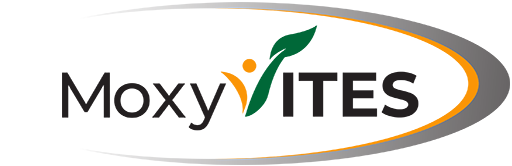 Moxy ITES logo with a green leaf and orange circle on a white background