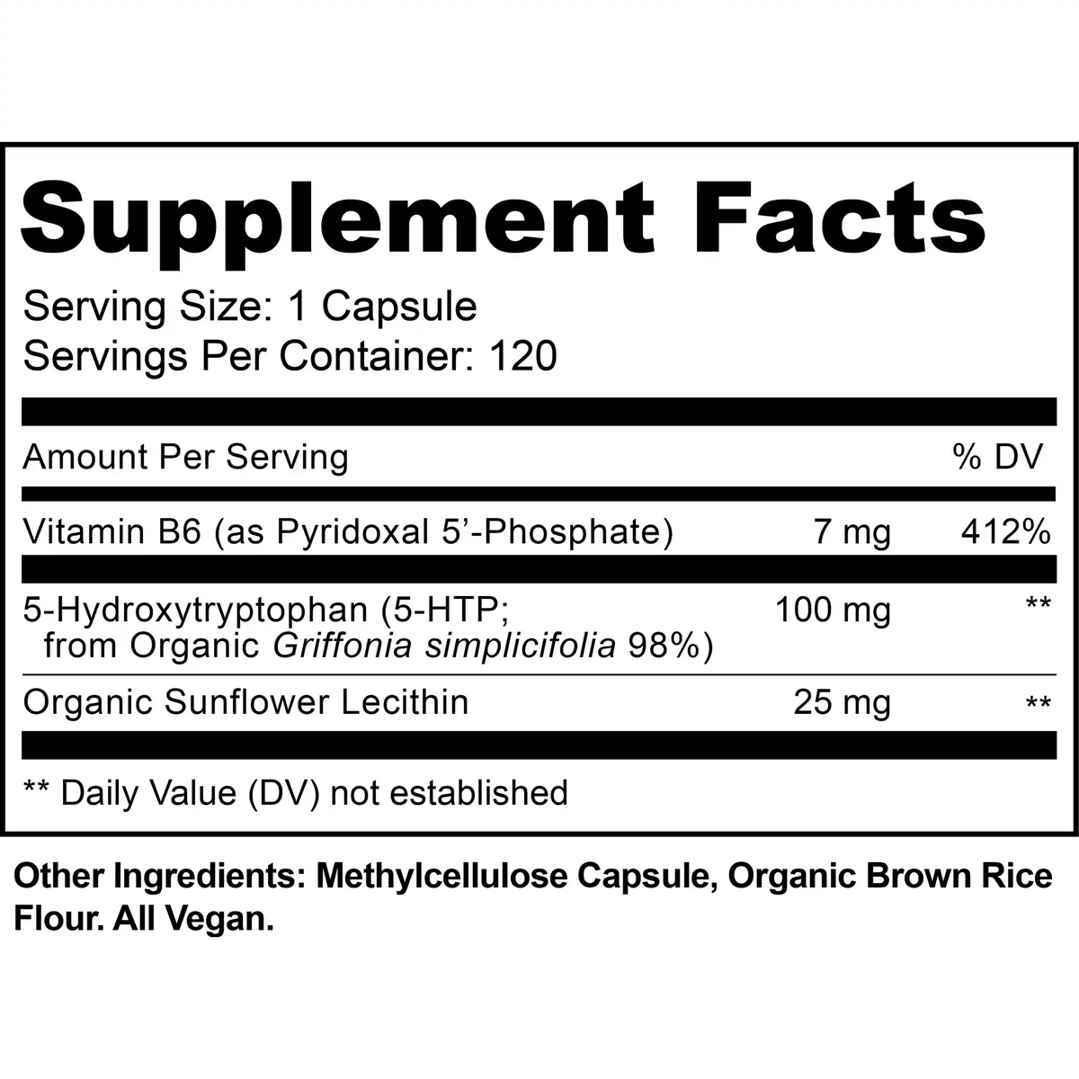 5-HTP 
Supplement facts label with vitamins and ingredients on a white background