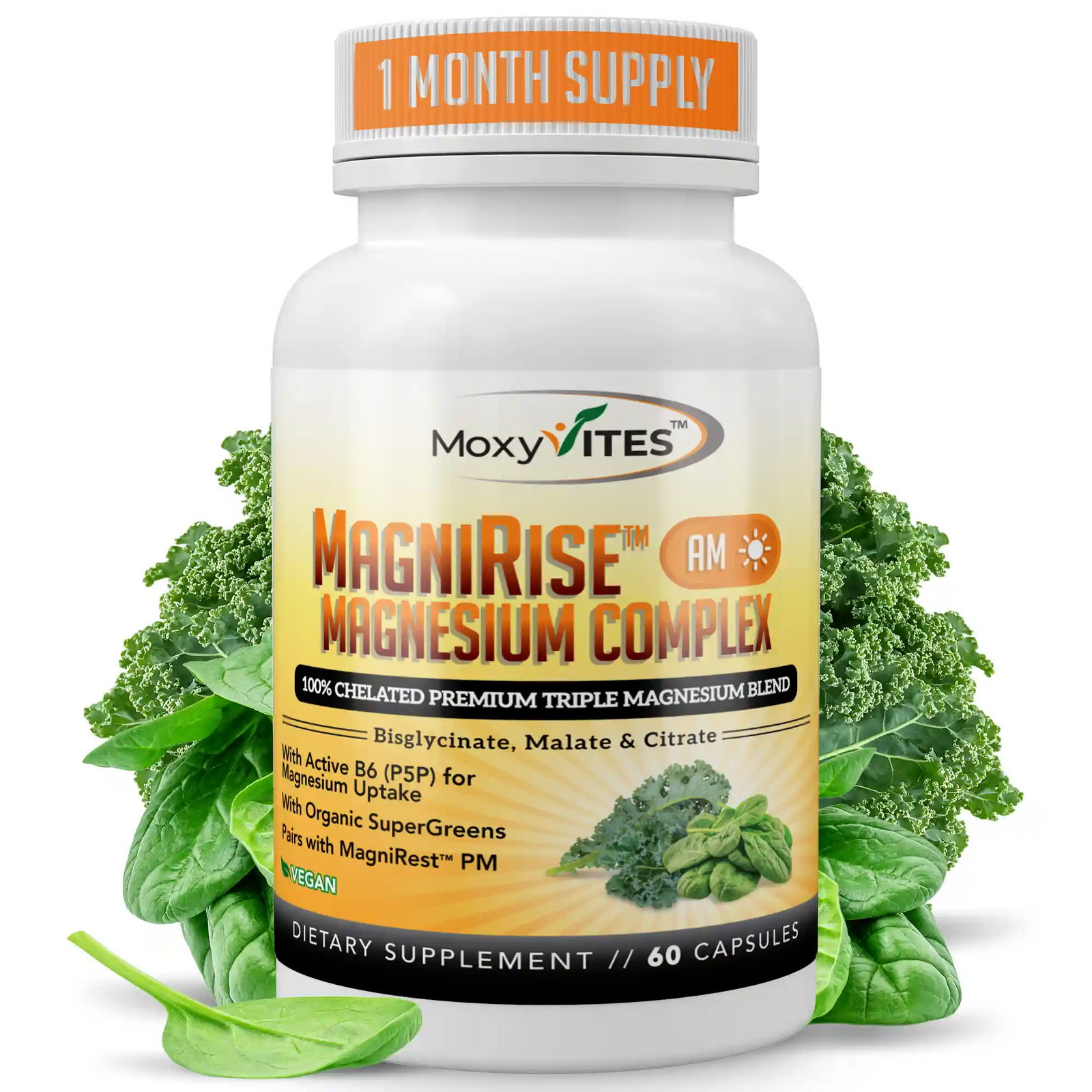 Supplement bottle labeled 'MagniRise Magnesium Complex' by Moxy Vites with green leaves on a white background