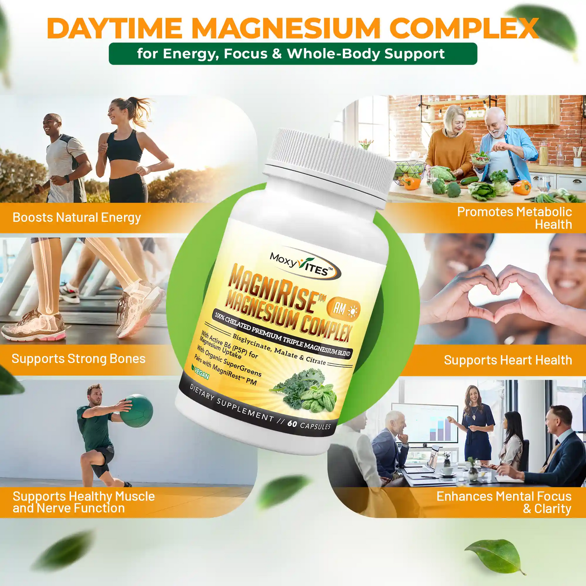 MoxyVites MagniRise Magnesium AM Complex supplement bottle with lifestyle images and text on a white background