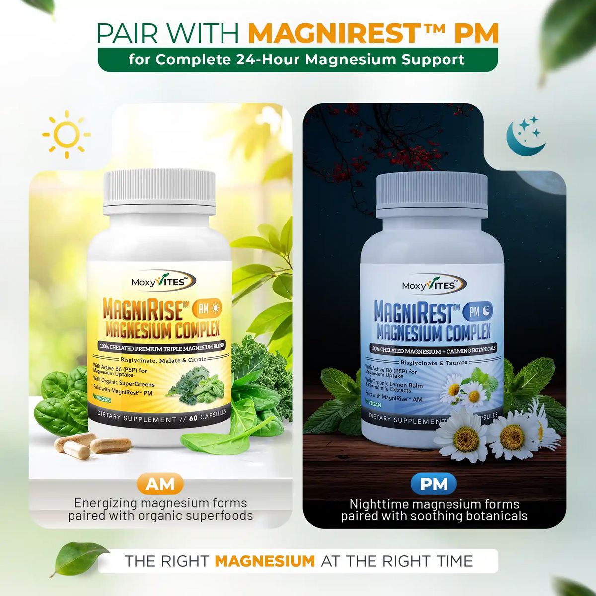 Two bottles of MoxyVites Magnesium Complex with labels for AM and PM use, surrounded by greenery and flowers.