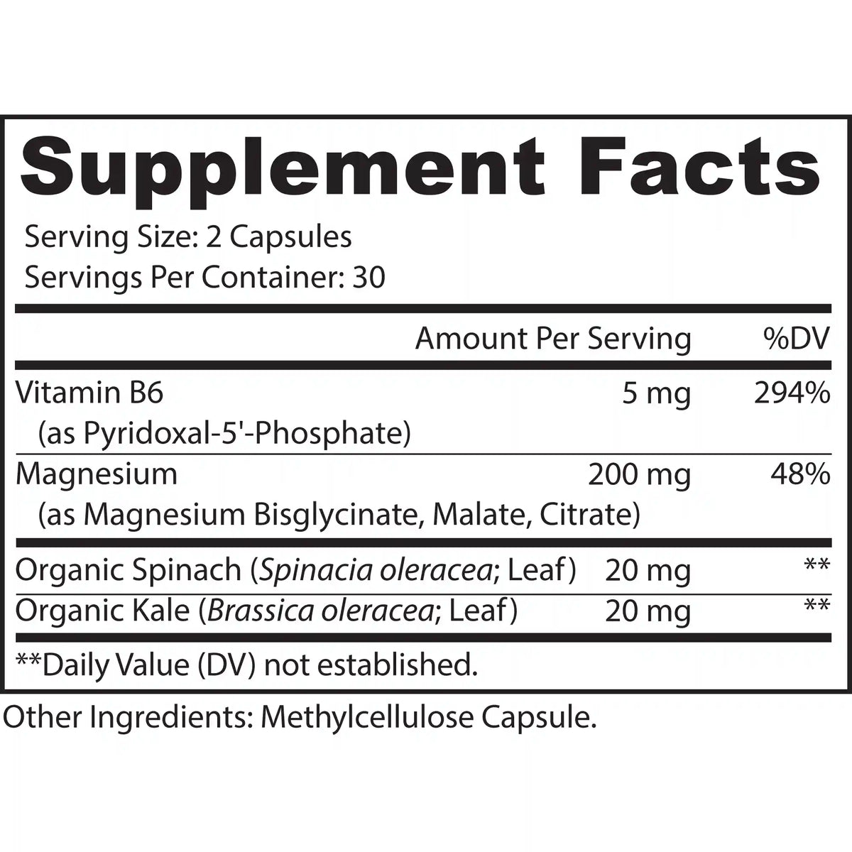 Supplement facts label with vitamins and minerals on a white background