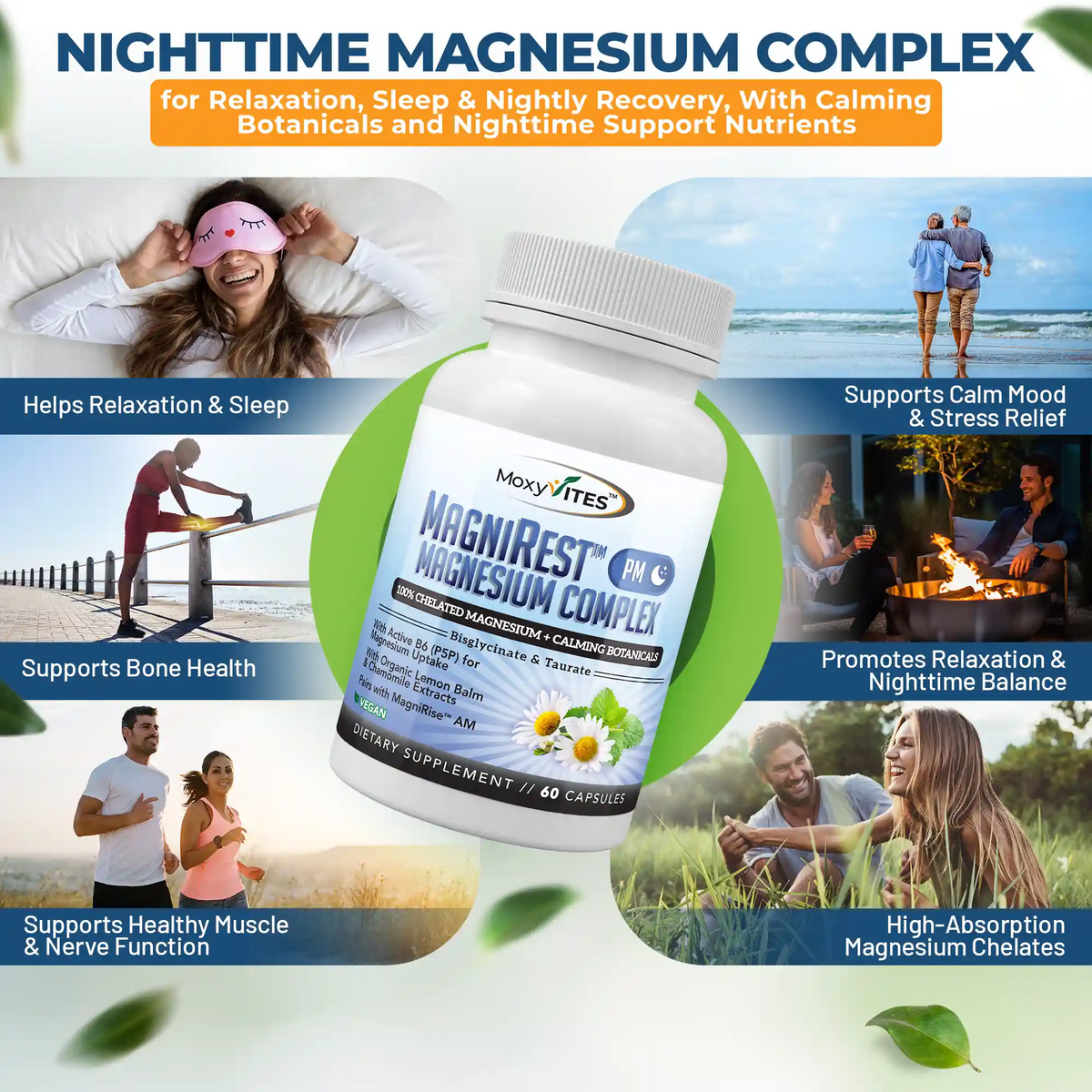 MoxyVites MagniRest Magnesium PM Complex supplement bottle with lifestyle images and product benefits on a white background.