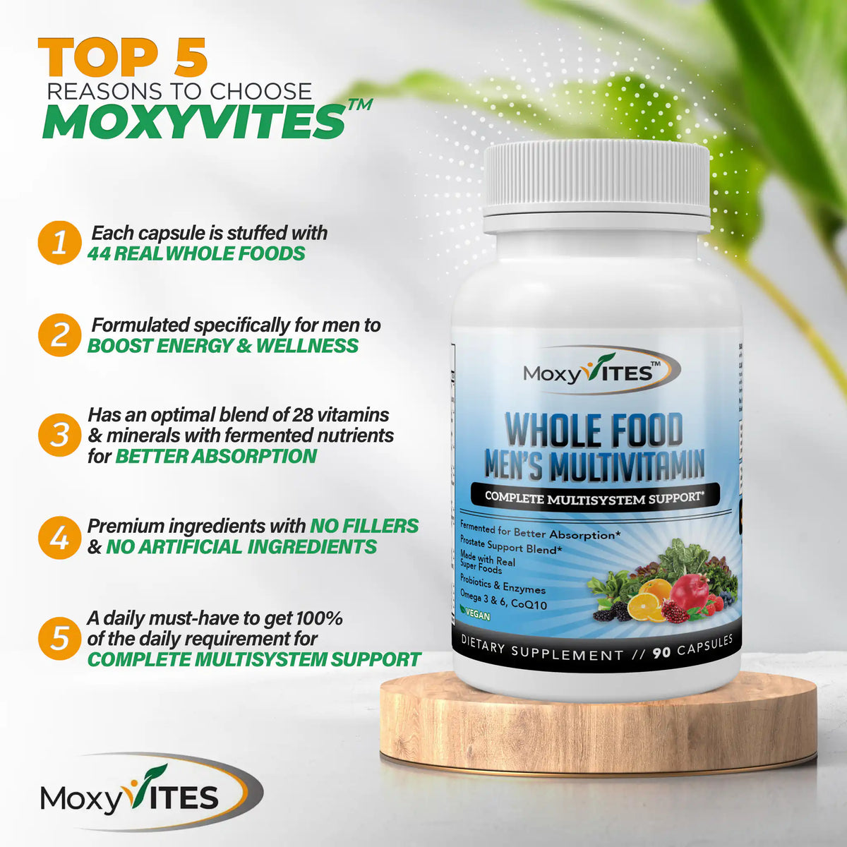 MoxyVites Whole Food Men's Multivitamin infographics with five reasons to choose MoxyVites. 