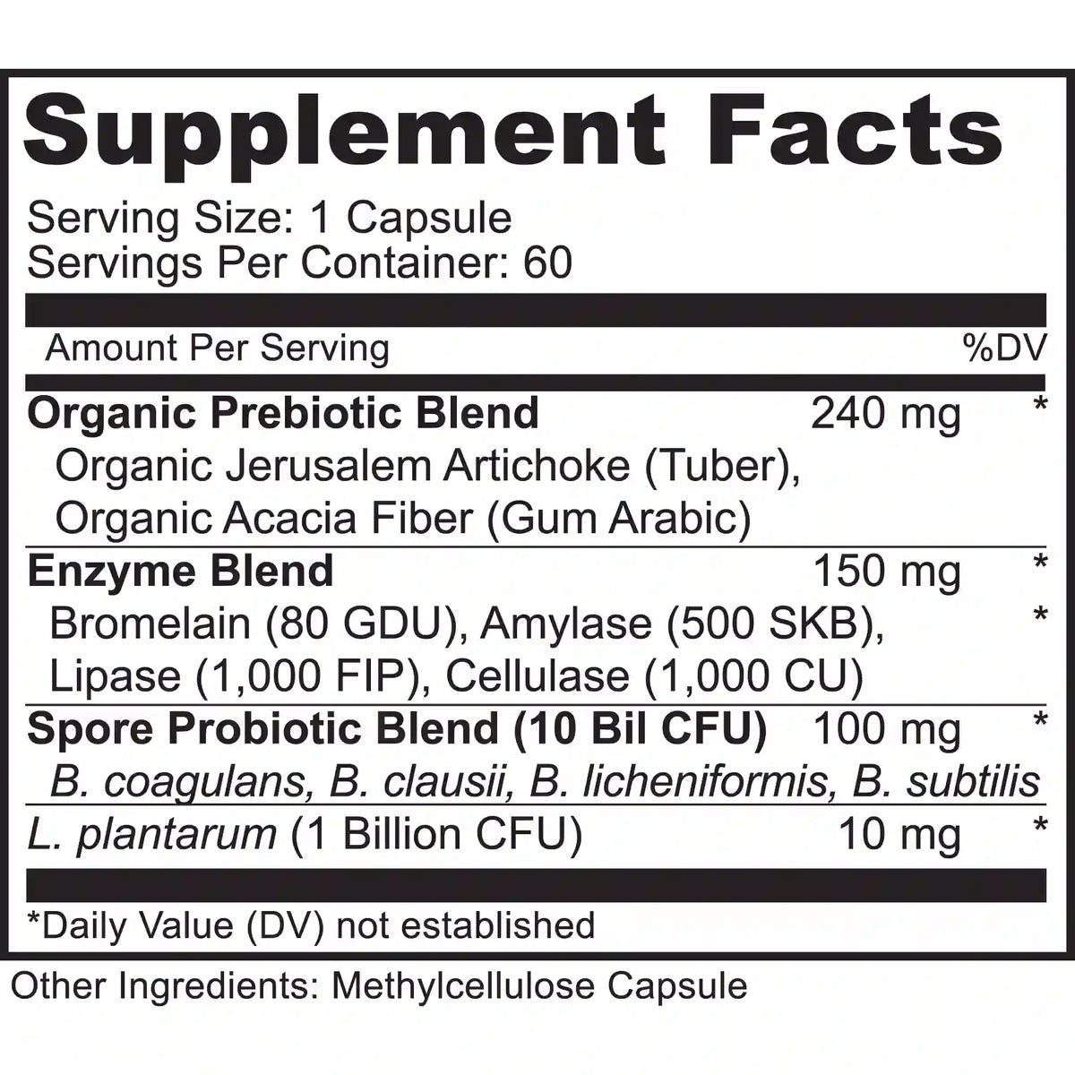 Spore Probiotic Supplement facts label with organic prebiotic blend, enzyme blend, and spore probiotic blend details.