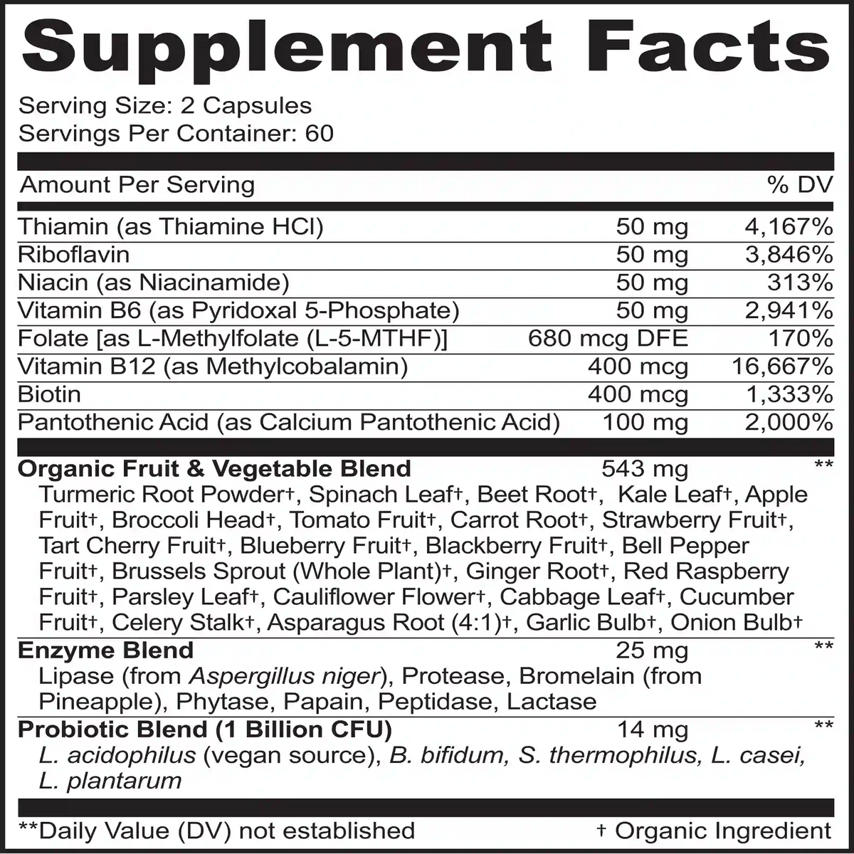Whole Food B-Complex Supplement facts label with detailed nutritional information and ingredients.