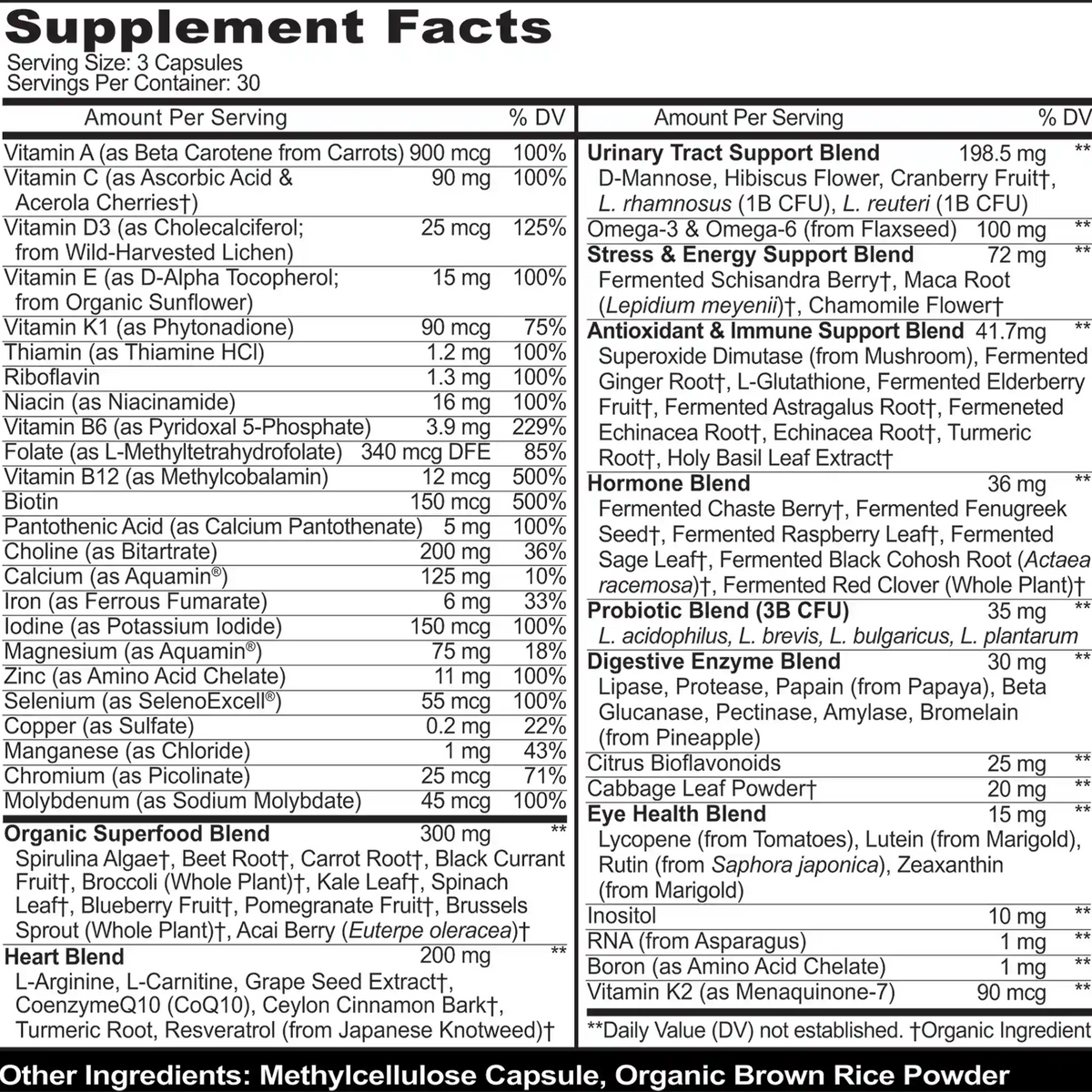 Supplement facts label with detailed nutritional information on a white background
