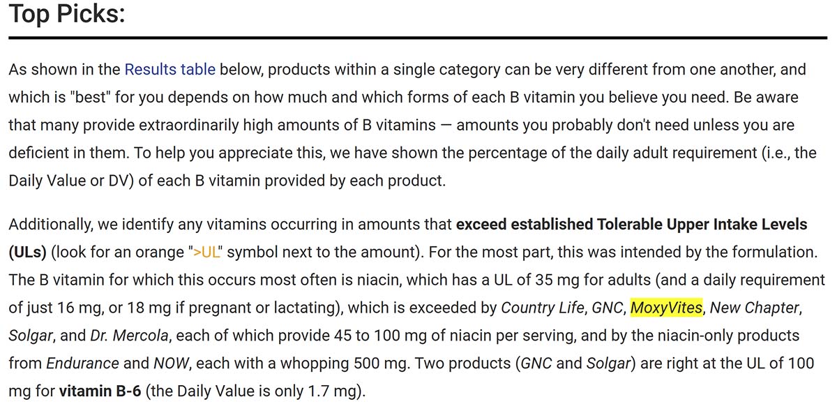 Moxyvites B-complex review by consumerlab.com top picks