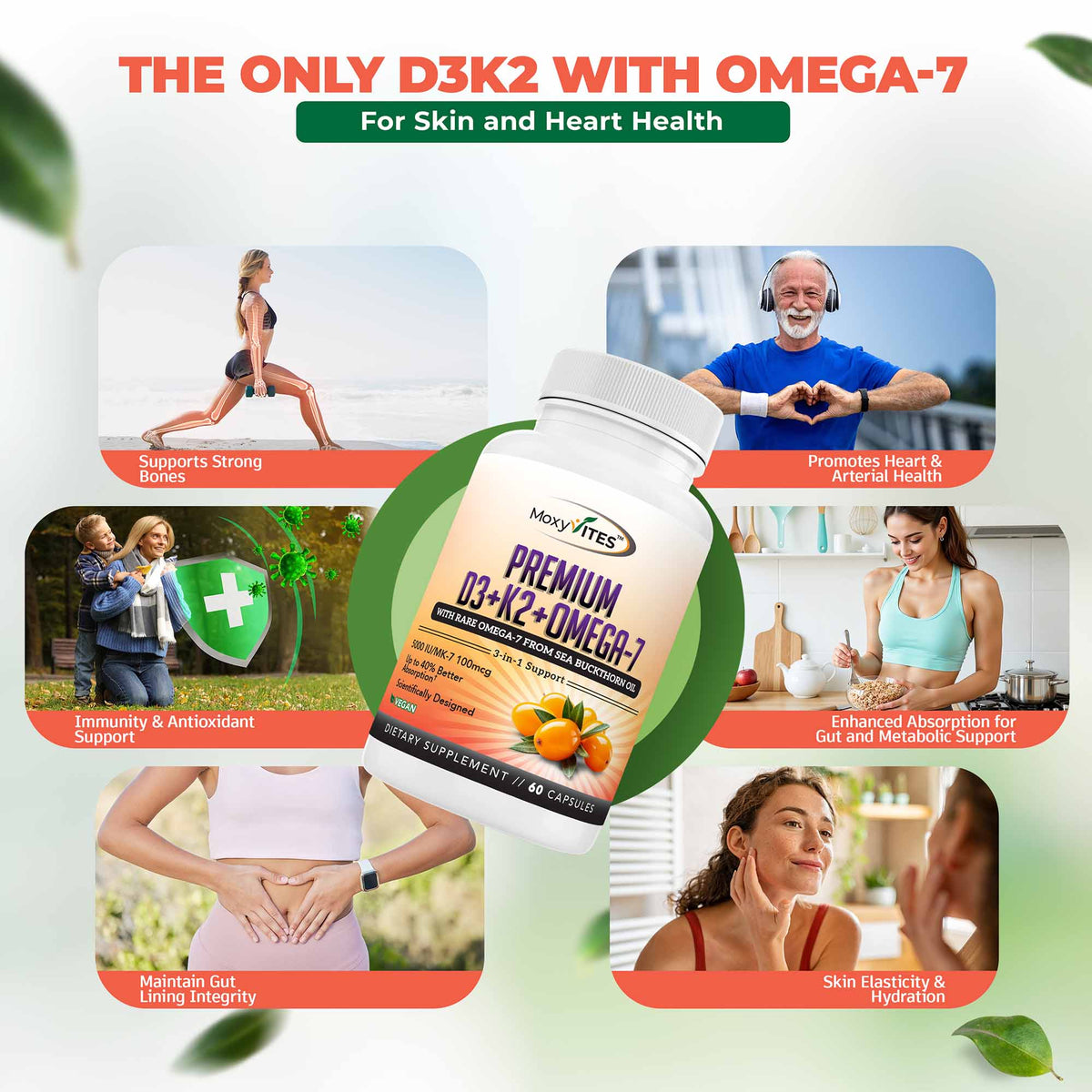 Supplement bottle with health benefits text and lifestyle images on a white background