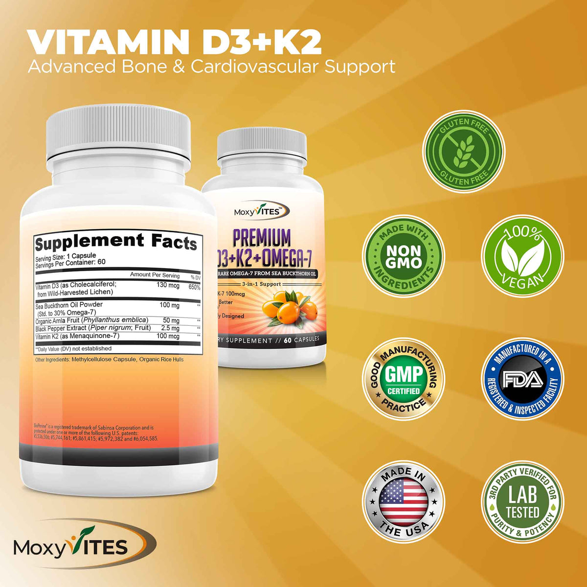 Two supplement bottles with 'MoxyVites' branding on a yellow background with certification logos.