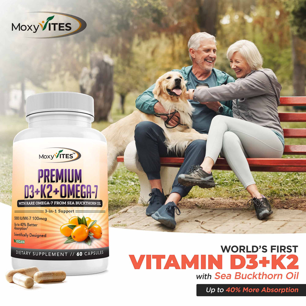 infographic showing a bottle of MoxyVites vitamin D3 K2 with a couple and dog on a bench