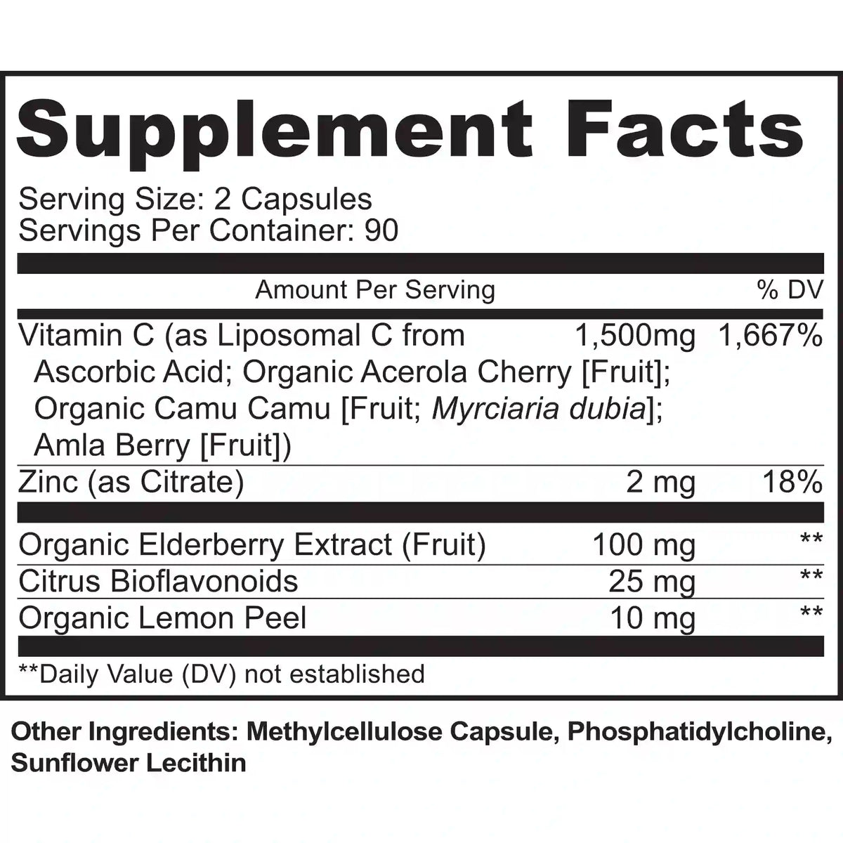 Moxyvites liposomal Vitamin C Supplement facts label with detailed nutritional information on a white background