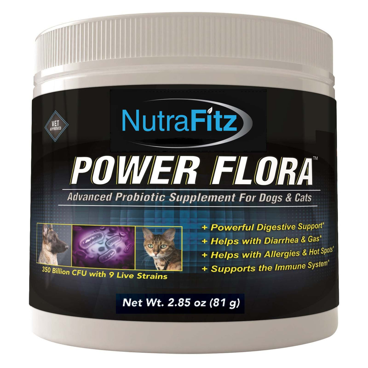 NutraFitz Power Flora supplement container for dogs and cats on a white background