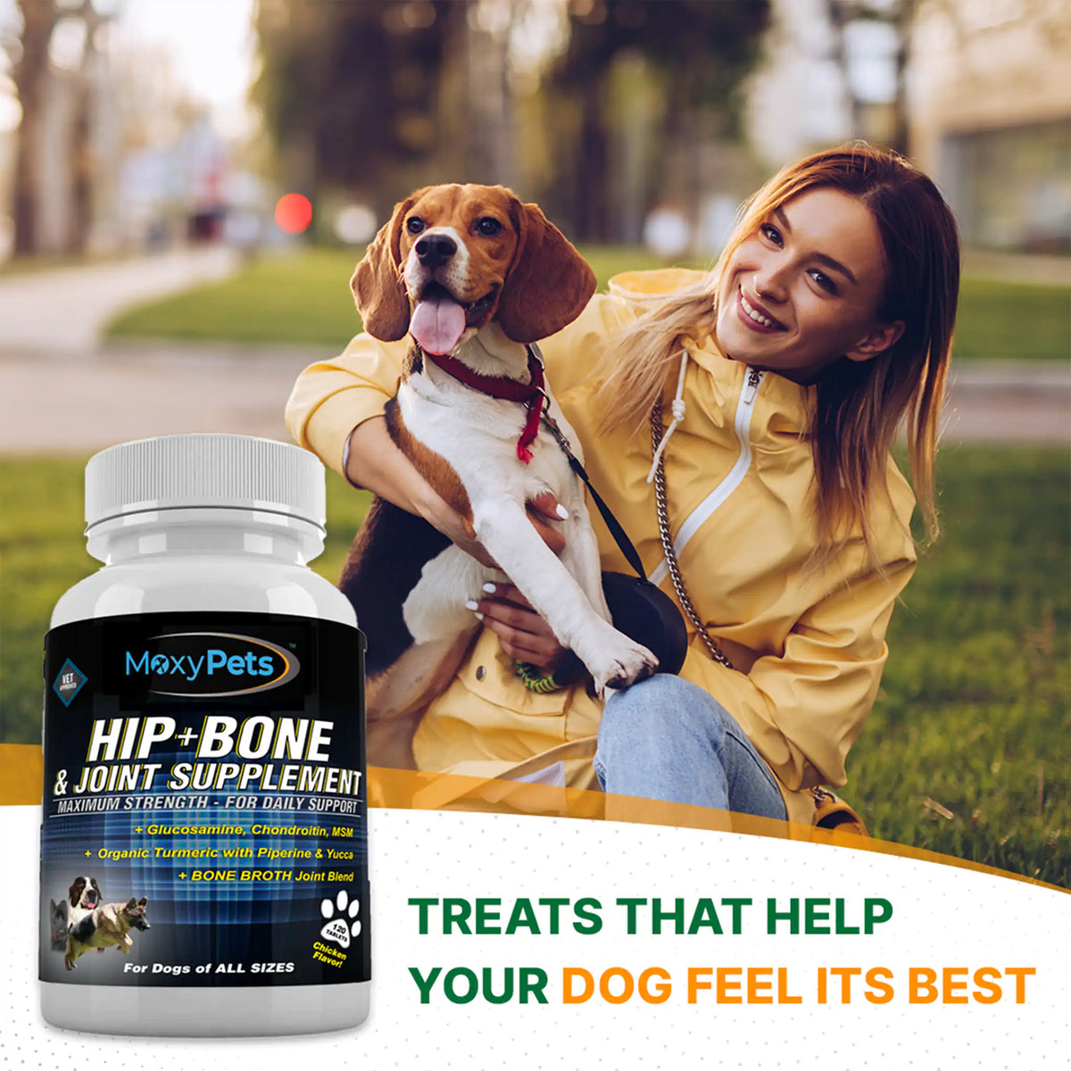 Woman holding a dog with MoxyPets Hip & Bone Joint Supplement bottle in front