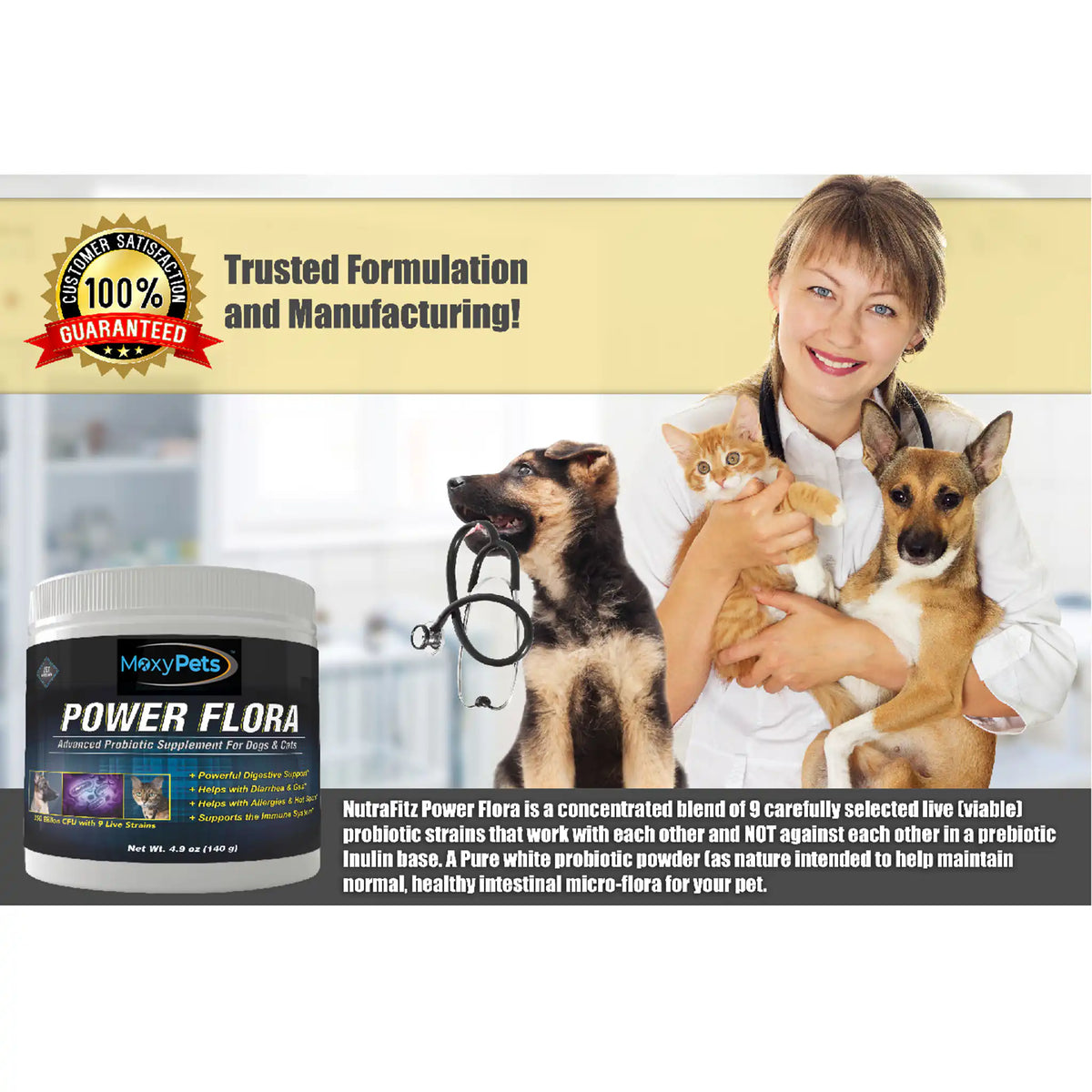 MoxyPets Power Flora supplement with a veterinarian holding a cat and dog, and a 100% guaranteed badge.