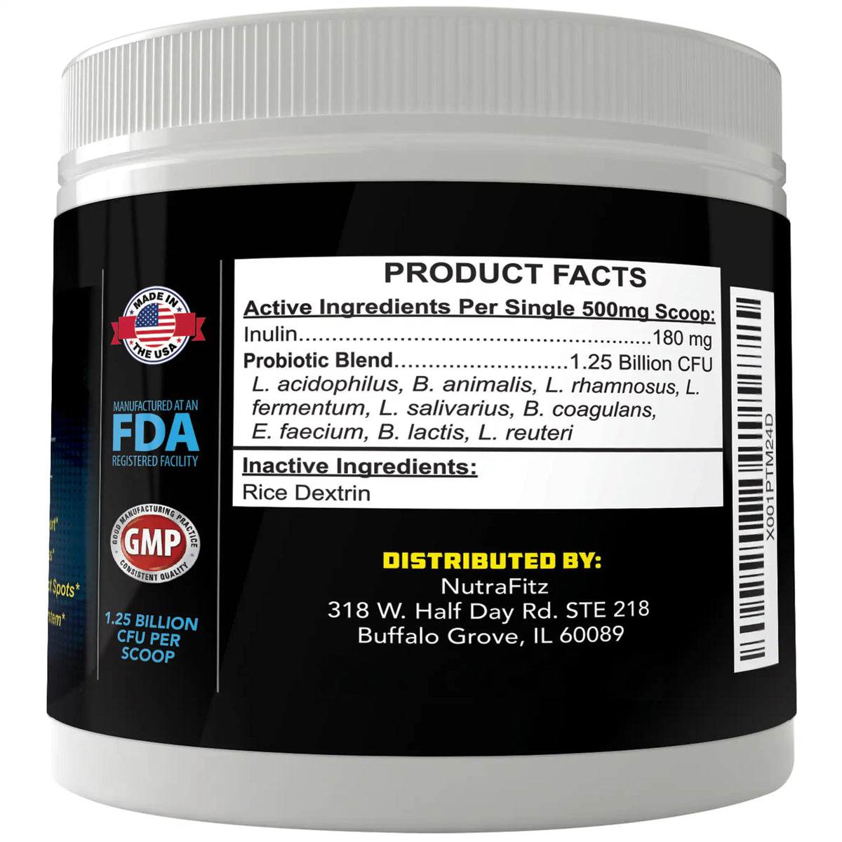 Supplement container with label showing product facts and distribution information.