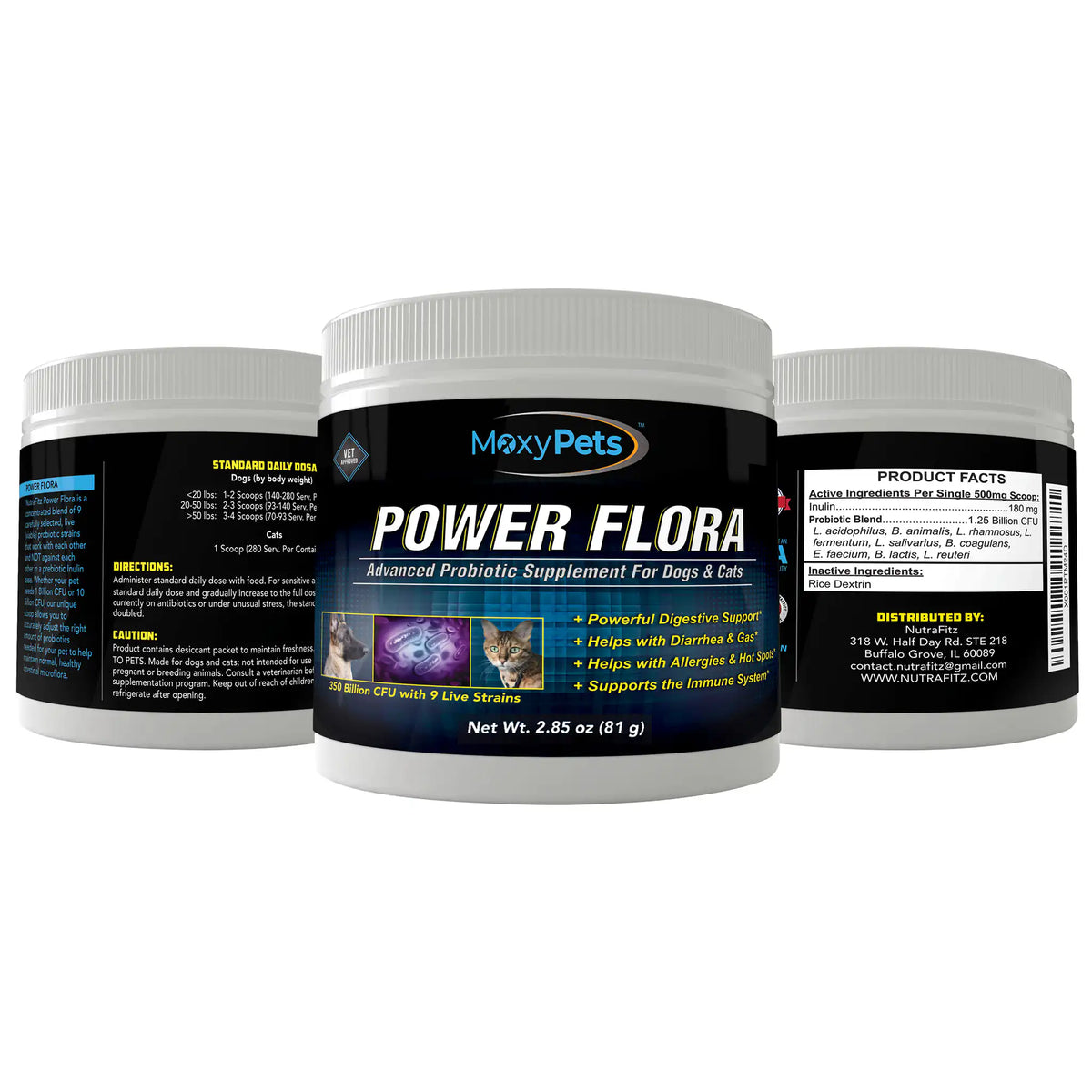 MoxyPets Power Flora supplement containers on a white background
