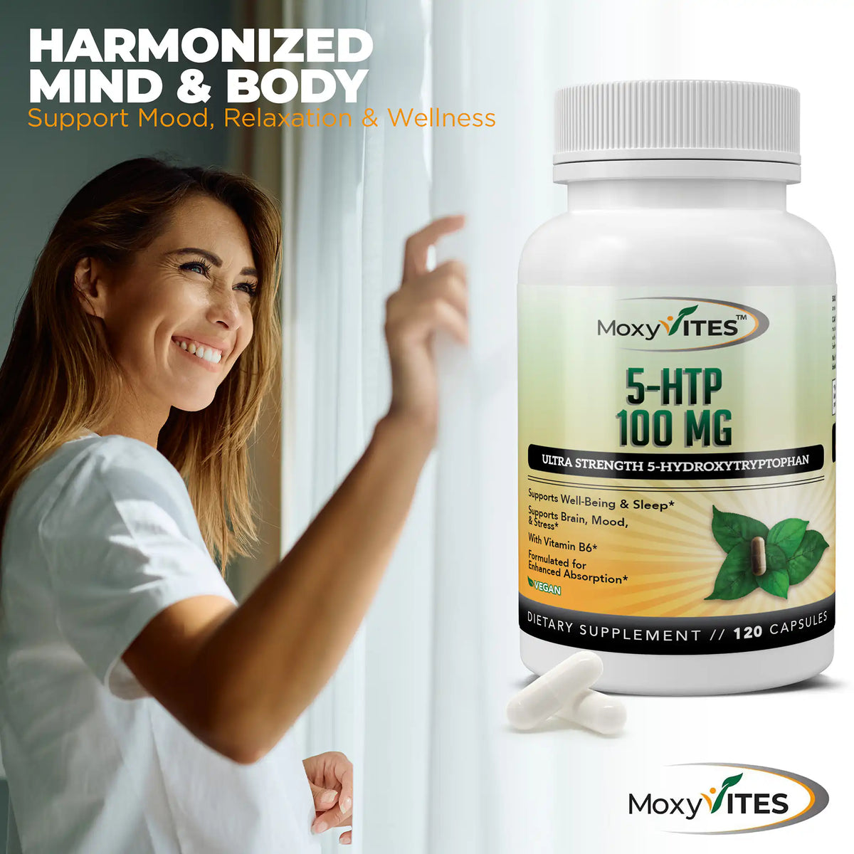 Woman opening a window with a bottle of Moxy Vites 5-HTP 100 MG supplement in the foreground: support, mood, relaxation and wellness 