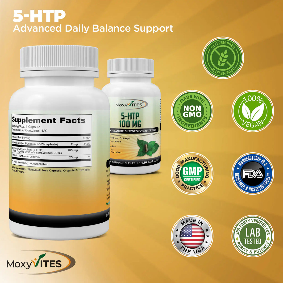 Two bottles with certification logos: non-GMO, GMP certified, third party tested, 100% vegan, made in USA. 