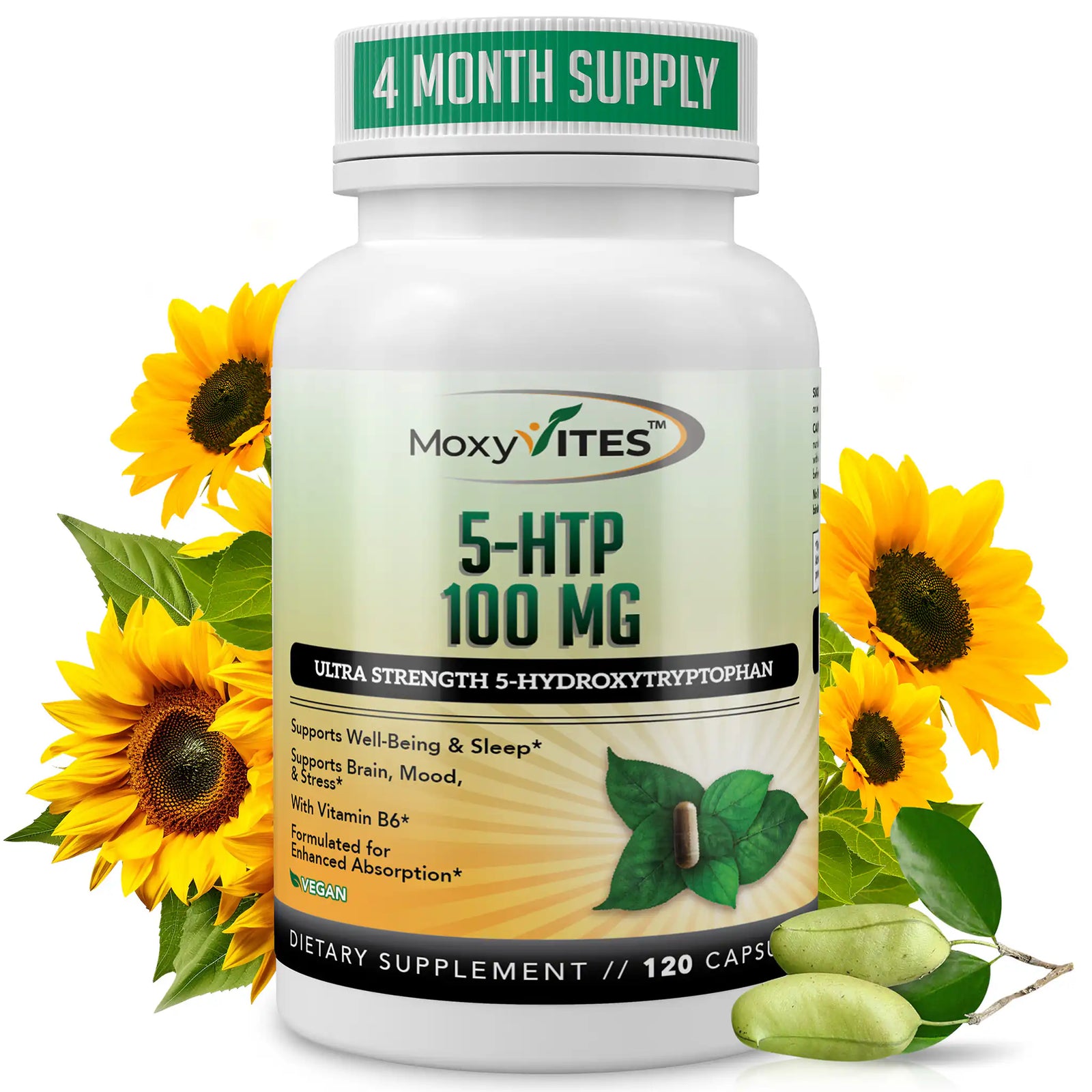 Supplement bottle labeled '5-HTP 100 MG' with sunflowers on a white background