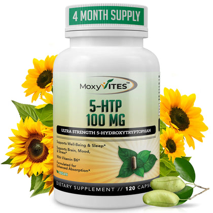 Supplement bottle labeled '5-HTP 100 MG' with sunflowers on a white background