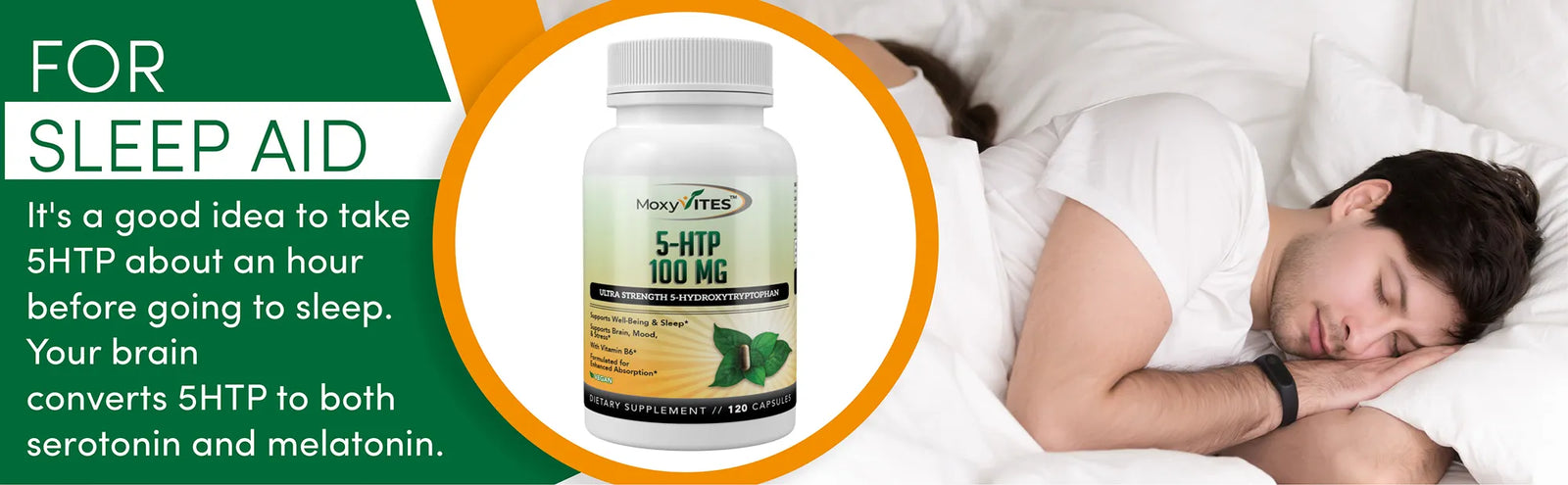 Sleep aid supplement bottle with text about 5-HTP for sleep aid on a green background
